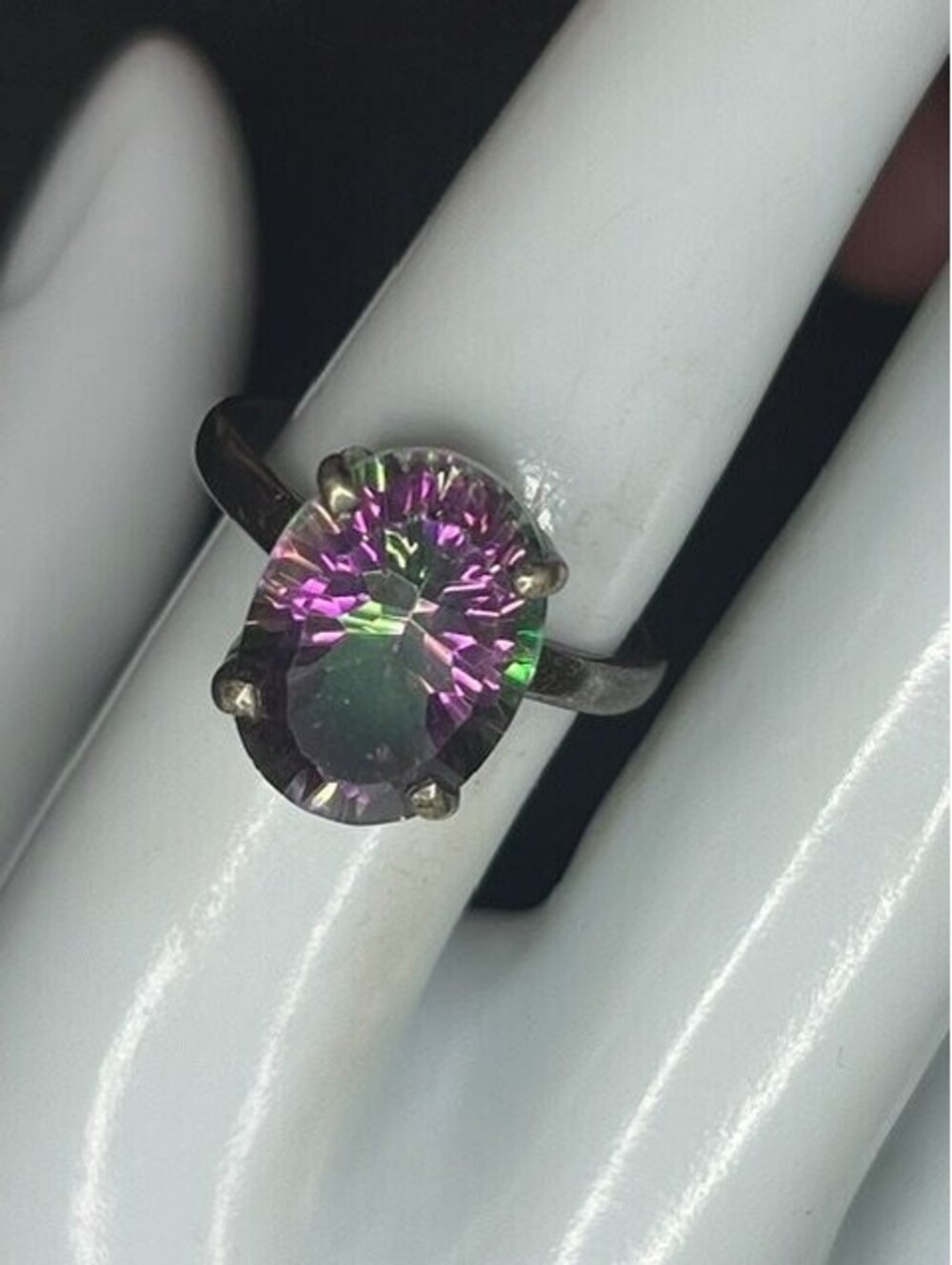 B7284 VTG Oxidized Sterling Silver Solitaire Cocktail Ring Mystic Topaz sz 8
